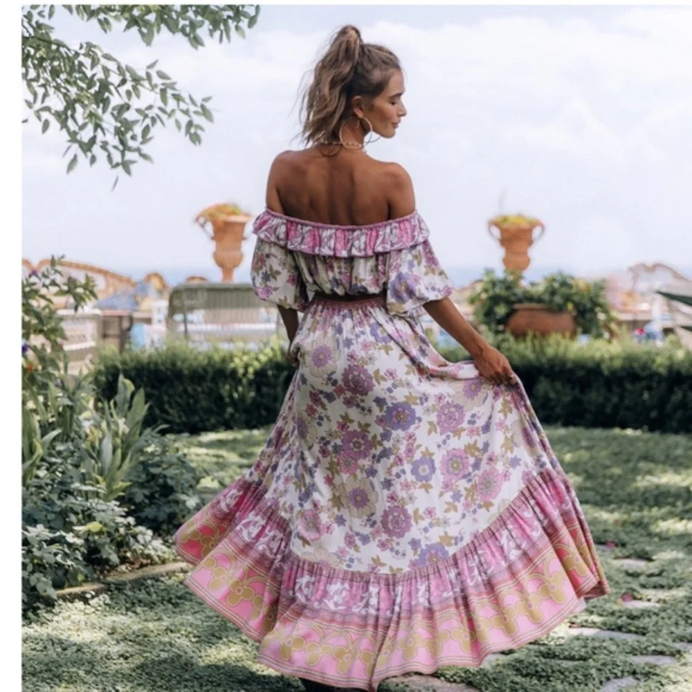 Waverly Boho Pink Floral Print Off Shoulder Crop top Maxi Skirt Set - Picture 12 of 16